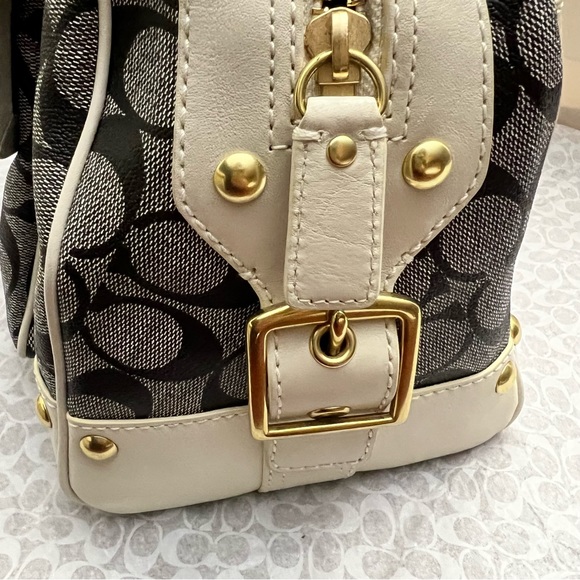 RARE- Coach Monogram Leather Gold Trim Satchel Purse Designer Heritage Handbag - Picture 13 of 16